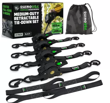 Rhino USA Retractable Ratchet Straps (4Pk 1Inx10Ft) (Black)